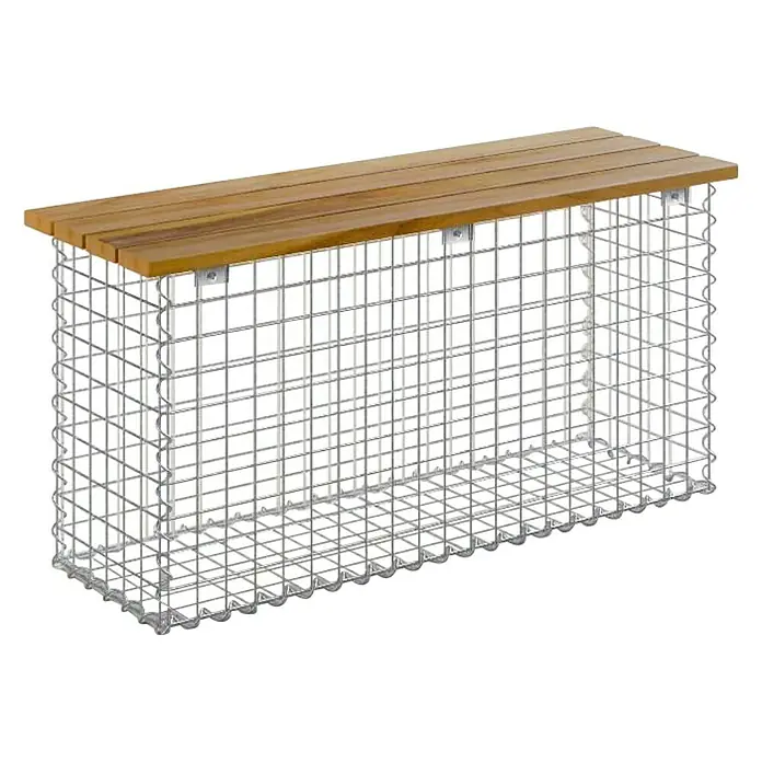 Gabiona Gabionenbank - 105 x 30 x 50 cm, Stahl, Maschenbreite: 50 mm, Maschenhöhe: 50 mm, Teak - Ein modernes Aufbewahrungsmöbelstück mit einem Holzaufsatz und einem Drahtgitterkorpus für stilvolle Ordnung im Raum.