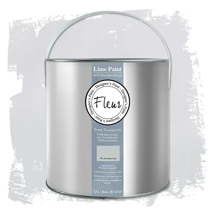 Fleur Pintura para efectos decorativos Lime Paint - All About Grey, 2,5 l, Mate - Un bote de pintura a la cal mineral Fleur en F61 All About Grey, con propiedades antibacterianas.