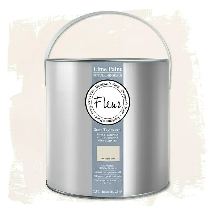 Fleur Pintura para efectos decorativos Lime Paint - Cream Love, 2,5 l, Mate - Un bote de Fleur Lime Paint en F04 Cream Love, una pintura mineral supertranspirable con propiedades antibacterianas.