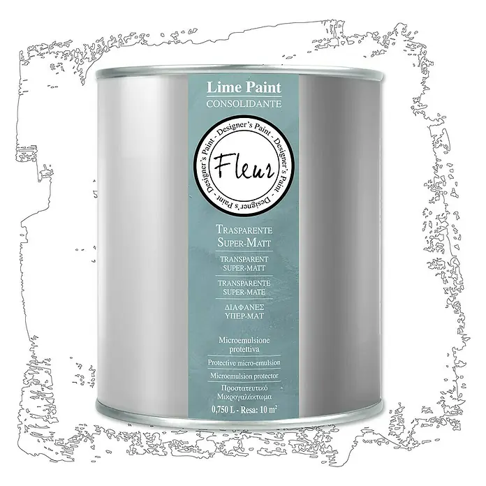 Fleur Base para enlucido decorativo consolidante Lime Paint - Transparente, 750 ml - Bote de Fleur Lime Paint, un consolidante transparente súper mate para la protección de superficies con microemulsión, 0,750L para 10 m².