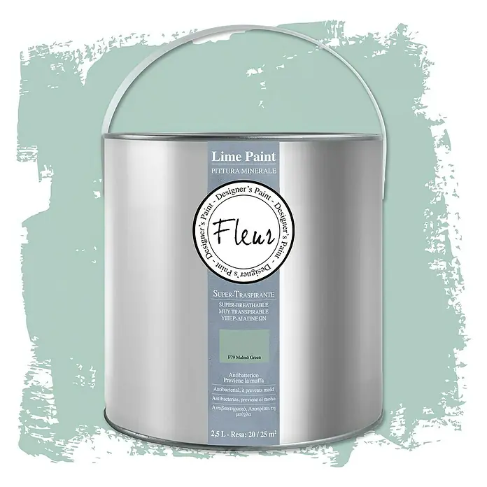 Fleur Pintura para efectos decorativos Lime Paint - Malmo Green, 2,5 l, Mate - Bote de pintura mineral Fleur Lime Paint en verde Malmö, antibacteriana y súper transpirable para interiores.