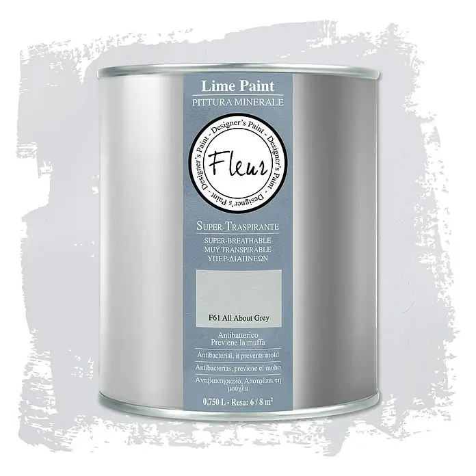 Fleur Pintura para efectos decorativos Lime Paint - All About Grey, 750 ml, Mate - Bote de pintura a la cal Fleur "F61 All About Grey", una pintura mineral antibacteriana para interiores.