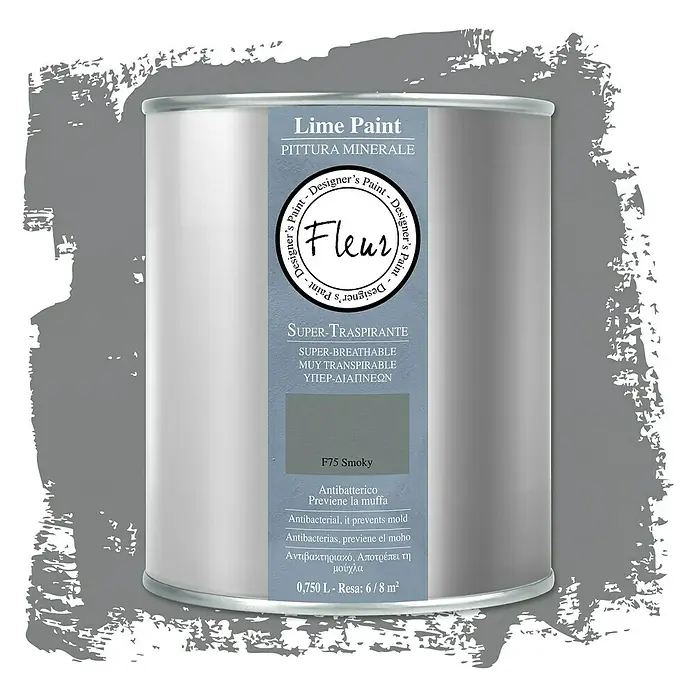 Fleur Pintura para efectos decorativos Lime Paint - Smoky, 750 ml, Mate - Un bote de pintura a la cal "F75 Smoky" de la marca Fleur, una pintura mineral con propiedades antibacterianas.