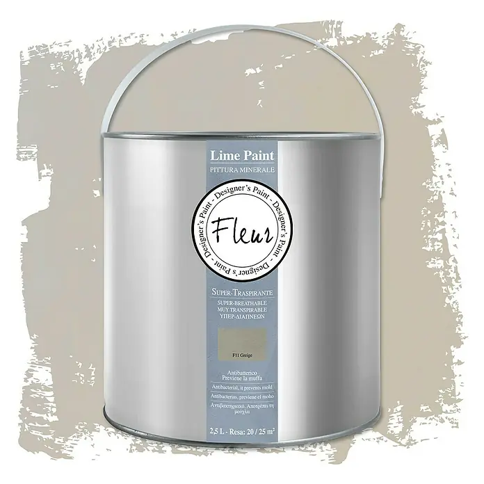 Fleur Pintura para efectos decorativos Lime Paint - Greige, 2,5 l, Mate - Bote de pintura a la cal Fleur en tono F11 Greige. Esta pintura es super transpirable y antibacteriana.