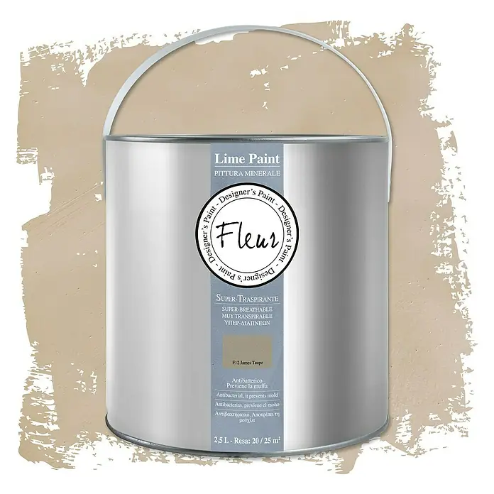 Fleur Pintura para efectos decorativos Lime Paint - James Taupe, 2,5 l, Mate - Bote de pintura a la cal Fleur en color F12 James Taupe, supertranspirable, antibacteriana, para interiores.