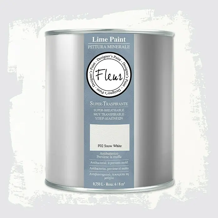 Fleur Pintura para efectos decorativos Lime Paint - Snow White, 750 ml, Mate - Bote de Fleur Lime Paint "F02 Snow White", pintura mineral supertranspirable con propiedades antibacterianas que previene el moho.