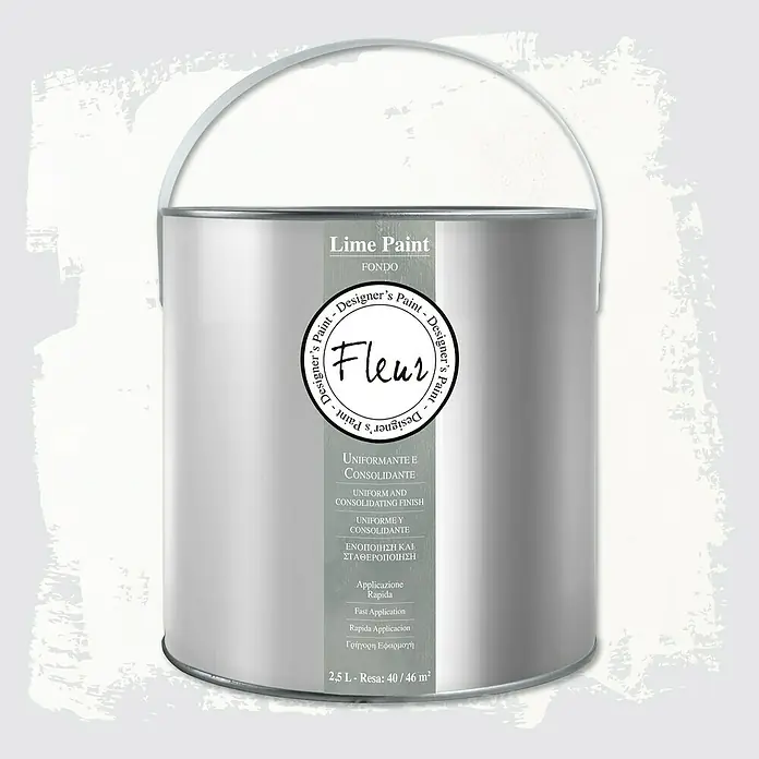 Fleur Base para enlucido decorativo Fondo Lime Paint - Incoloro, 2,5 l - Bote de Fleur Lime Paint FONDO, una pintura de diseño para acabados uniformes y consolidantes con aplicación rápida, contenido de 2,5 L.