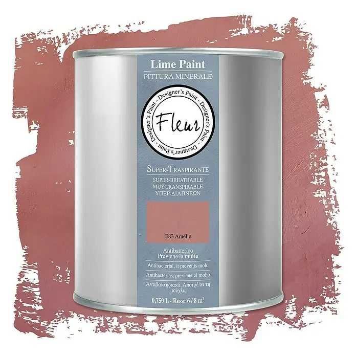 Fleur Pintura para efectos decorativos Lime Paint - Amelie, 750 ml, Mate - Lata de pintura a la cal Fleur "F83 Amélie". La pintura a la cal es antibacteriana y transpirable. Ideal para interiores, previene el moho.