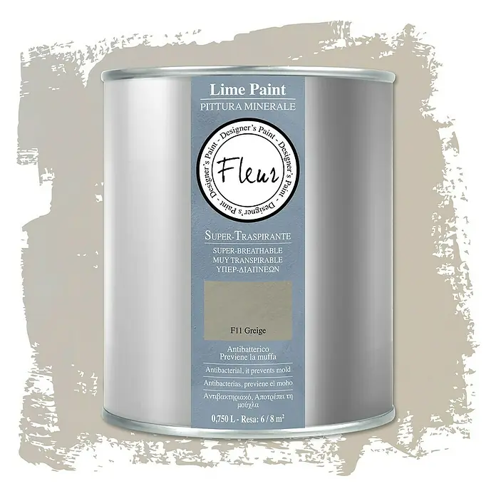Fleur Pintura para efectos decorativos Lime Paint - Greige, 750 ml, Mate - Un bote de Fleur Lime Paint en F11 Greige, una pintura mineral supertranspirable con propiedades antibacterianas.