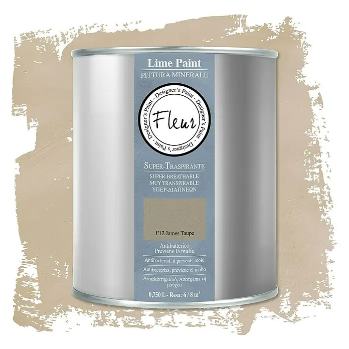 Fleur Pintura para efectos decorativos Lime Paint - James Taupe, 750 ml, Mate - Bote de pintura Fleur Lime "F12 James Taupe", una pintura mineral transpirable con propiedades antibacterianas para interiores.