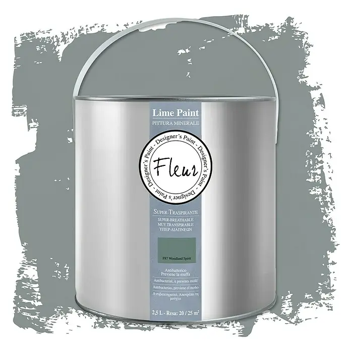 Fleur Pintura para efectos decorativos Lime Paint - Woodland Spirit, 2,5 l, Mate - Bote de Fleur Lime Paint "F87 Woodland Spirit": Pintura de cal antibacteriana para paredes transpirables y resistentes al moho.