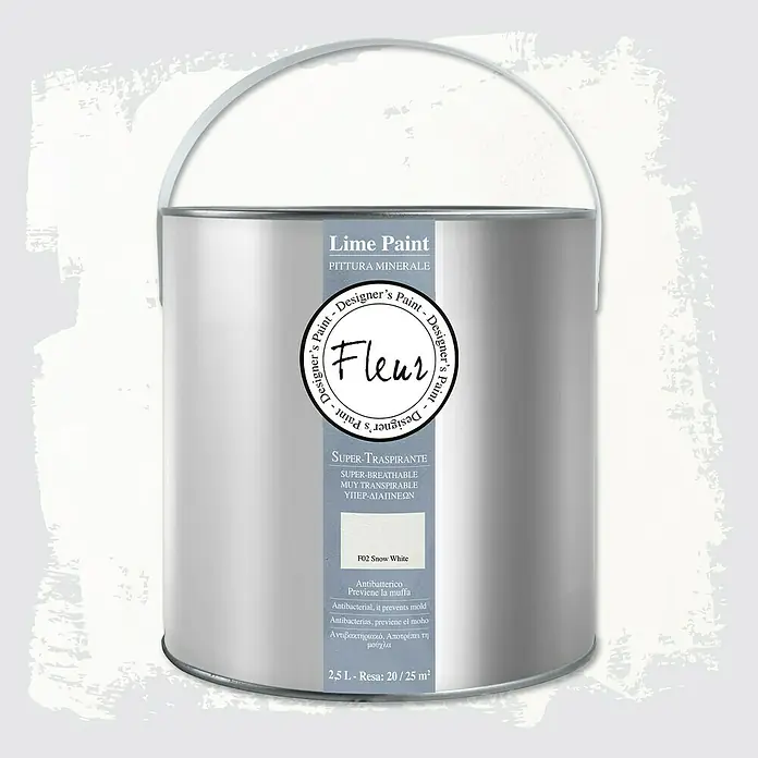 Fleur Pintura para efectos decorativos Lime Paint - Snow White, 2,5 l, Mate - Bote de pintura mineral Fleur Lime Paint, blanco nieve F02, antibacteriana y supertranspirable para paredes y techos.