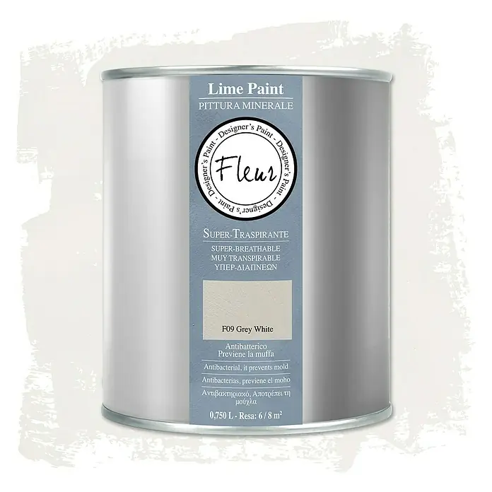 Fleur Pintura para efectos decorativos Lime Paint - Grey White, 750 ml, Mate - Un bote de pintura a la cal Fleur en Blanco Grisáceo, una pintura mineral supertranspirable para interiores.