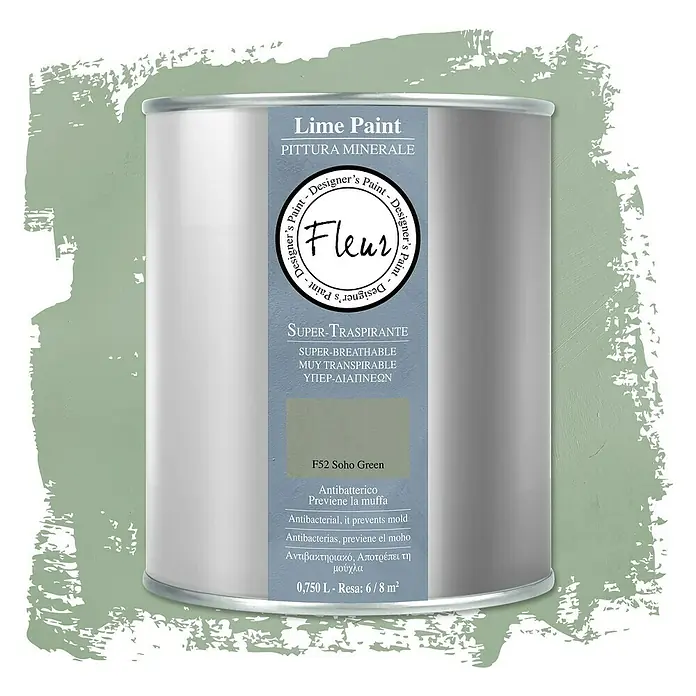 Fleur Pintura para efectos decorativos Lime Paint - Soho green, 750 ml, Mate - Bote de "Lime Paint PITTURA MINERALE" en F52 Soho Green, una pintura supertranspirable con acción antibacteriana contra el moho.
