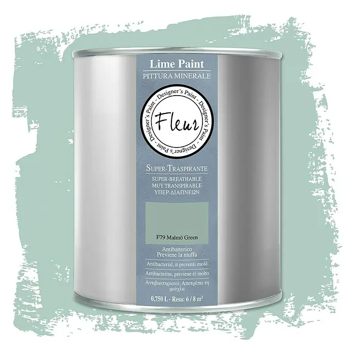 Fleur Pintura para efectos decorativos Lime Paint - Malmo Green, 750 ml, Mate - Lata de pintura a la cal Fleur "Malmö Green", pintura mineral transpirable con propiedades antibacterianas para interiores.