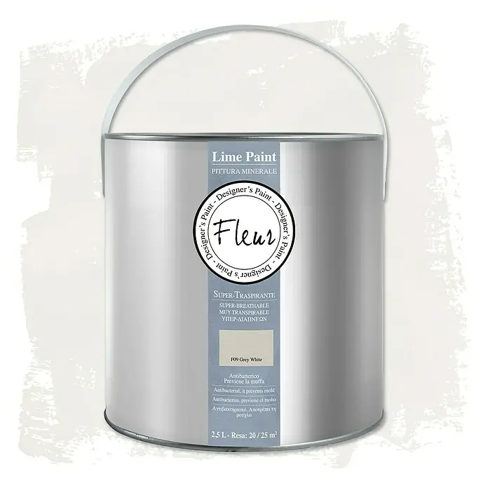 Fleur Pintura para efectos decorativos Lime Paint - Grey White, 2,5 l, Mate - Un cubo de Fleur Lime Paint, pintura mineral en gris blanco F09, supertranspirable y antibacteriana para interiores.