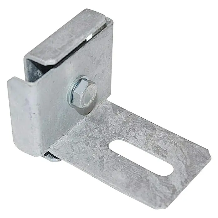 Gabiona Zaunhalterung - Passend für: Gabionen mit der Maschenweite 5 x 5 cm - Nahaufnahme einer verzinkten L-förmigen Halterung mit Schlitz und Sechskantschraube zur sicheren Befestigung, ideal für industrielle Anwendungen.