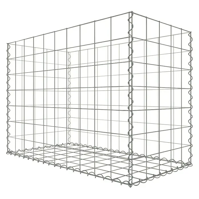 Gabiona Gabione - 100 x 50 x 70 cm, Stahl, Maschenbreite: 100 mm, Maschenhöhe: 100 mm, Bepflanzbar - Produktansicht eines Gabionenkorbs aus Drahtgitter. Der Korb ist leer und hat eine rechteckige Form.