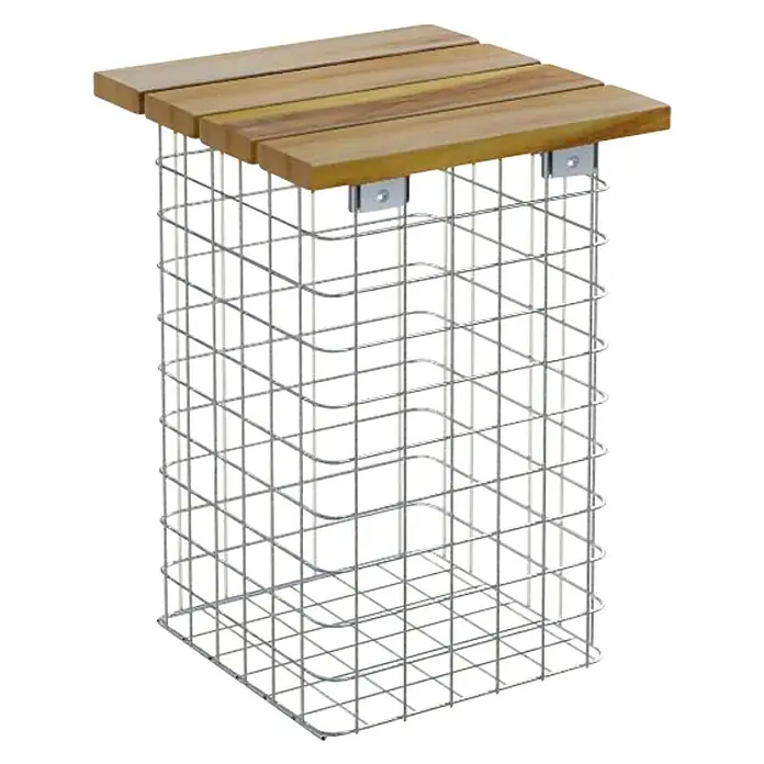 Gabiona Gabionenbank - 32 x 32 x 52 cm, Stahl, Maschenbreite: 50 mm, Maschenhöhe: 50 mm, Teak - Quadratischer Beistelltisch mit einer Holzplatte auf einem Metallgitter, ein modernes Möbelstück.