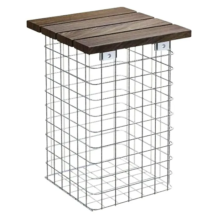 Gabiona Gabionenbank - 32 x 32 x 52 cm, Stahl, Maschenbreite: 50 mm, Maschenhöhe: 50 mm, Cumaru - Elegantes Gartenmöbel: Ein Beistelltisch mit Holzplatte und einem Untergestell aus Drahtgeflecht für den Außenbereich.