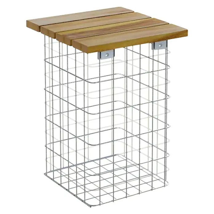 Gabiona Gabionenbank - 32 x 32 x 52 cm, Stahl, Maschenbreite: 50 mm, Maschenhöhe: 100 mm, Teak - Bild eines modernen Beistelltisches mit Holzplatte und Drahtgestell. Dieser stilvolle Tisch ist eine großartige Ergänzung für jeden Raum.