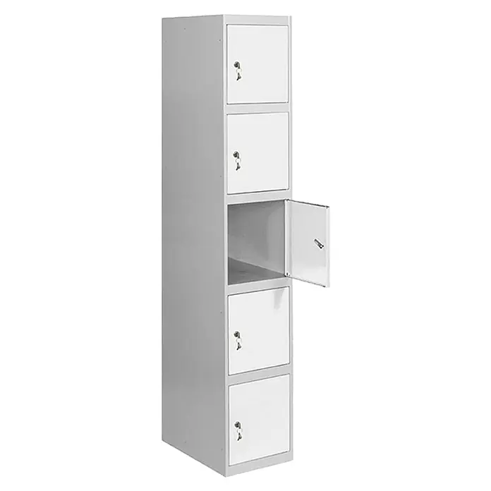 Simonrack Simonlocker Taquilla Doors Inicial Desmontada - L x An x Al: 50 x 40 x 180 cm, Número de puertas: 5 ud., Gris/Blanco - Taquilla metálica con cinco compartimentos, uno abierto. Ideal para almacenamiento seguro en oficinas o escuelas. Solución robusta y práctica.