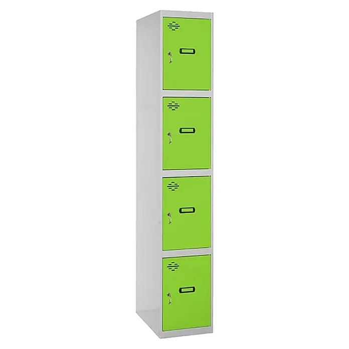 Simonrack Simonlocker Taquilla Doors Inicial Desmontada - L x An x Al: 50 x 40 x 180 cm, Número de puertas: 4 ud., Gris/Verde - Un armario verde con cuatro compartimentos y paneles laterales grises. El armario metálico está equipado con cerraduras.