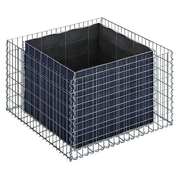 Gabiona Hochbeet MW 5x10 - 100 x 100 x 60 cm - Das Bild zeigt einen Gabionenkorb, eine robuste Drahtkonstruktion, die mit einem dunklen Innenfutter ausgekleidet ist. Vielseitig einsetzbar im Garten.