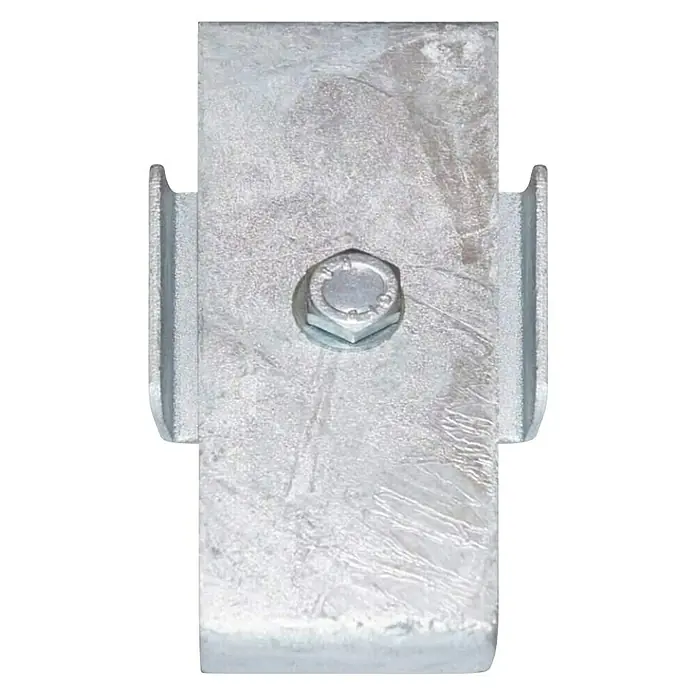 Gabiona Zaunhalterung - Passend für: Gabionen mit der Maschenweite 5 x 10 cm - Nahaufnahme einer verzinkten Rohrschelle mit einer Sechskantkopfschraube, die ein Rohr sicher fixiert.