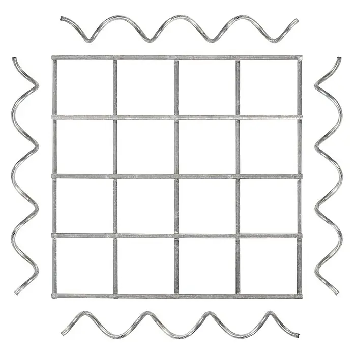 Gabiona Pfostenkappe - 17 x 17 cm, Maschenbreite: 5 cm, Maschenhöhe: 5 cm, Stahl - Nahaufnahme eines quadratischen Metallgitters, das von einem wellenförmigen Rahmen umgeben ist, perfekt für Zäune oder dekorative Zwecke.