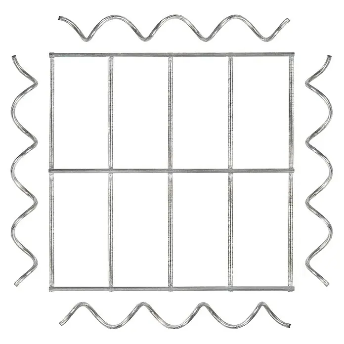 Gabiona Pfostenkappe - 42 x 42 cm, Maschenbreite: 5 cm, Maschenhöhe: 10 cm, Stahl - Bild eines Metallgitters mit dekorativen Wellenlinien an den Rändern, ideal für den Einsatz im Garten oder zur Dekoration.
