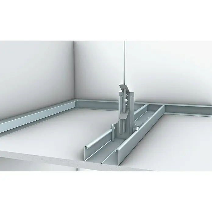 Probau Schnellabhänger 4-Punkt - Ausstattung: Öse, 1 Stk. - Nahaufnahme einer Deckenkonstruktion mit Profilen und Aufhängung. Das Metallgerüst dient zur Befestigung von Deckenplatten.