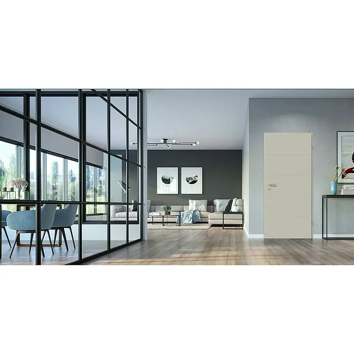 GetaDoor Lamineo Zimmertür GLN 440 - 735 x 1.985 mm, DIN Anschlag: Rechts, Seidengrau, Röhrenspan - Eine moderne Innentür mit horizontalen Linien fügt sich nahtlos in das elegante Wohnzimmer ein.
