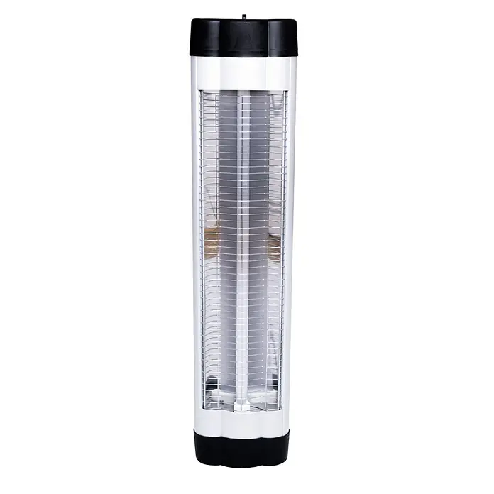 Voltomat HEATING Estufa de pie infrarrojos de cuarzo BG00294 - 86,5 x 9 x 19 cm, 2.000 W, Plateado/Negro - Imagen de una elegante lámpara antimosquitos blanca con base y parte superior negras.