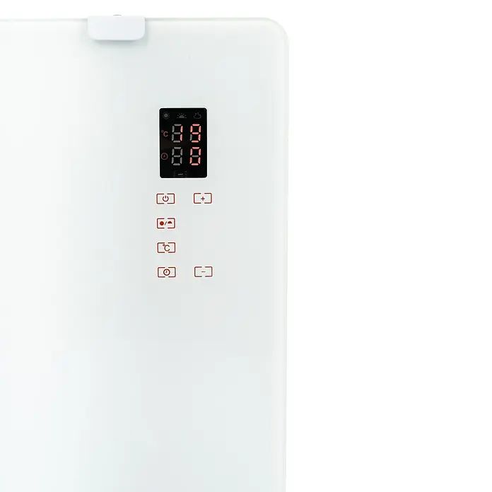 Voltomat HEATING Konvektorheizung - 2.000 W, Raumgröße bis ca. 20 m², Weiß - Aufnahme eines Heizkörpers mit digitaler Steuerung, hervorgehoben durch ein minimalistisches, weißes Design und übersichtliche Bedienelemente.