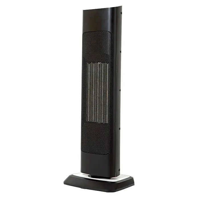 Voltomat HEATING Heizlüfter - 1.000 W - 2.000 W, Schwarz/Silber, 26 x 26 x 76 cm - Nahaufnahme eines Turmventilators mit schwarzem Gehäuse und Lüftungsgitter für eine gleichmäßige Wärmeverteilung im Raum.