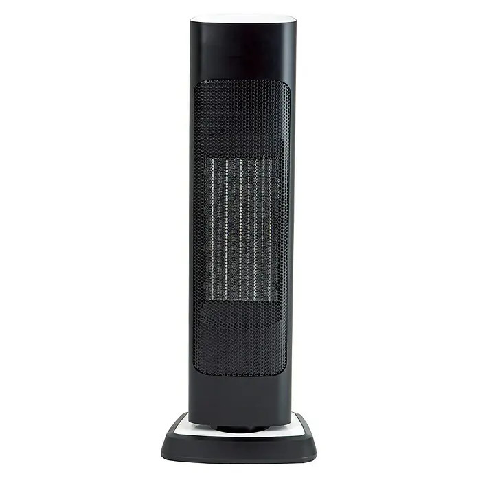 Voltomat HEATING Heizlüfter - 1.000 W - 2.000 W, Schwarz/Silber, 26 x 26 x 76 cm - Ein Turmheizlüfter mit einem schwarzen Gittergehäuse und einem weißen Sockel sorgt für Wärme und Komfort im Raum.