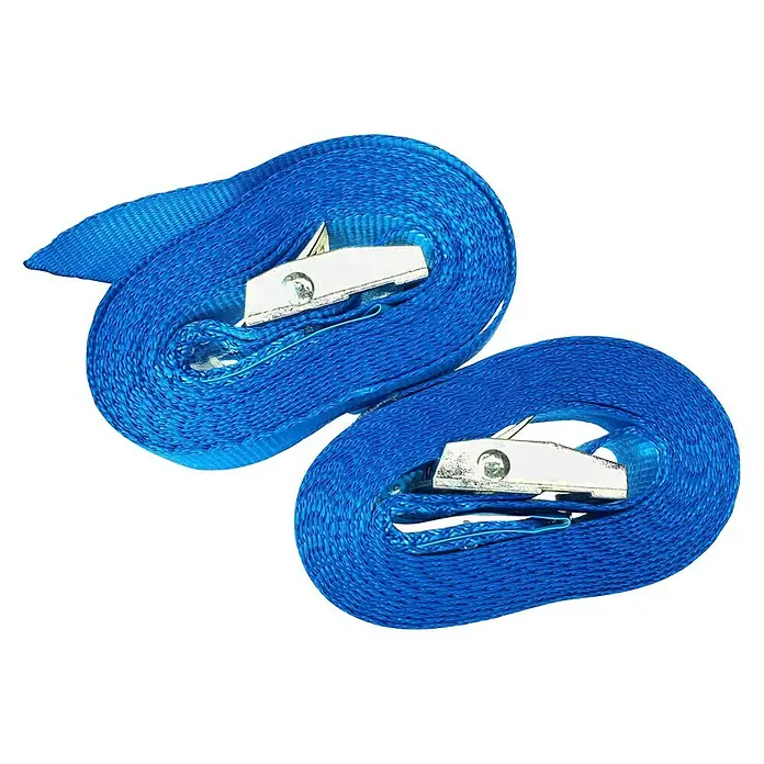 Zurrgurt-Set mit Klemme - L x B: 3 m x 25 mm, Belastbarkeit: 125 kg - Zwei blaue Zurrgurte mit Metallschnalle, aufgerollt und auf einem schwarzen Hintergrund platziert.