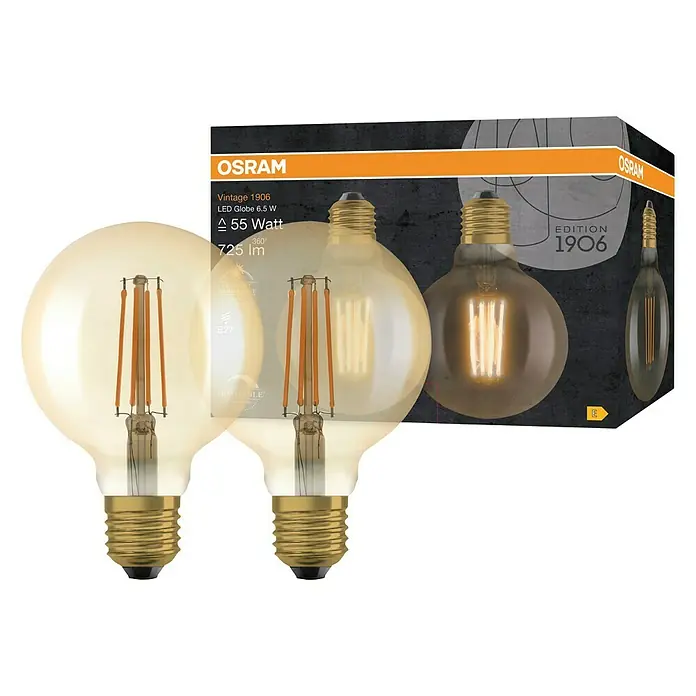 Osram LED-Lampen Set Vintage Edition 1906 Globe-Form E27 2er Set - E27, Dimmbar, Warmweiß, 725 lm, 6,5 W - Nahaufnahme einer Osram Vintage 1906 LED-Lampe mit 6,5 W in warmem, bernsteinfarbenem Licht, ideal für dekorative Beleuchtung.