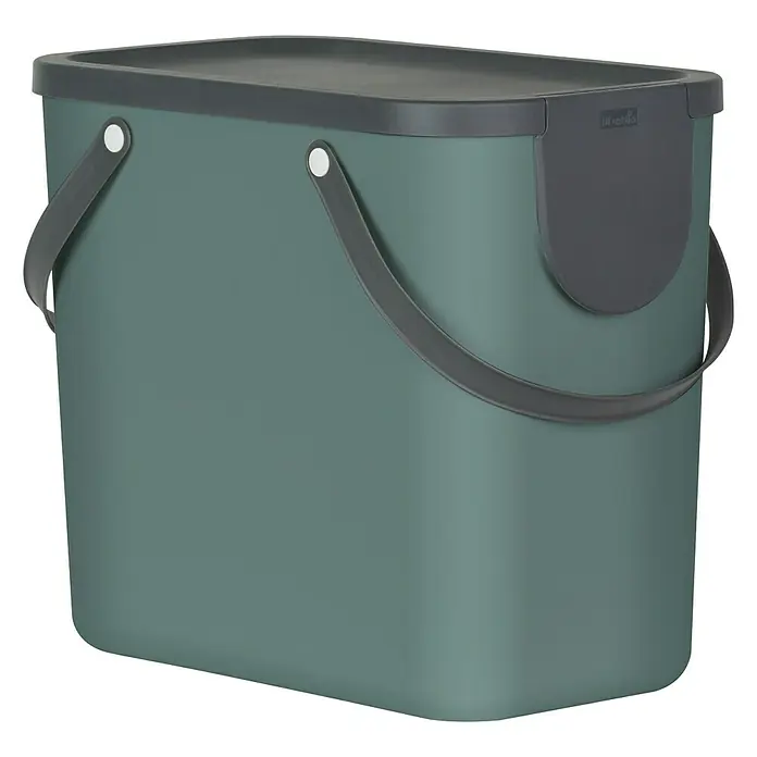 Rotho Albula Mülltrennsystem - 25 l, Kunststoff, Mistletoe Grün - Ein grüner Bio-Abfalleimer mit grauem Deckel und Griffen, ideal für die Küchenabfalltrennung.