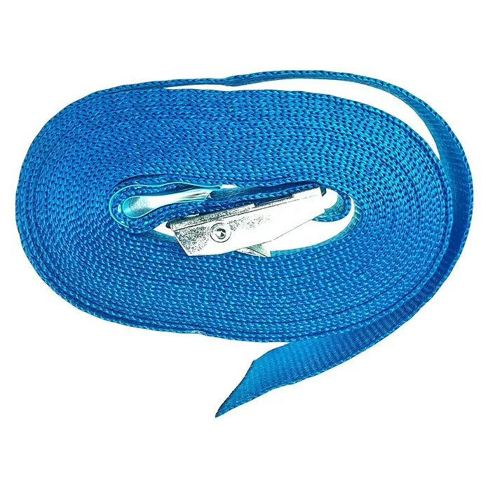 Zurrgurt mit Klemme - 4,5 m x 25 mm, Belastbarkeit: 125 kg - Aufgerolltes, blaues Zurrband mit Metallschnalle. Ideal zum Sichern von Lasten beim Transport.