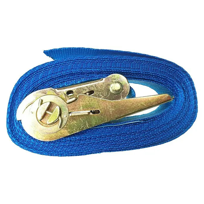 Zurrgurt mit Ratsche - 5 m x 25 mm, Belastbarkeit: 125 kg - Nahaufnahme eines blauen Spanngurts mit Ratsche. Ideal zur Ladungssicherung und zum Transport von Gütern.