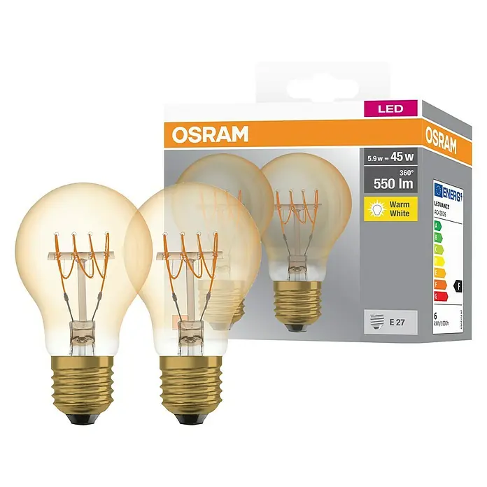 Osram LED-Lampen Set Vintage Glühlampenform E27 - E27, Nicht Dimmbar, Warmweiß, 550 lm, 5,9 W, Farbe: Gold - Nahaufnahme einer OSRAM LED-Glühbirne mit warmweißem Licht, 5.9W entspricht 45W, 550 Lumen und E27-Sockel.