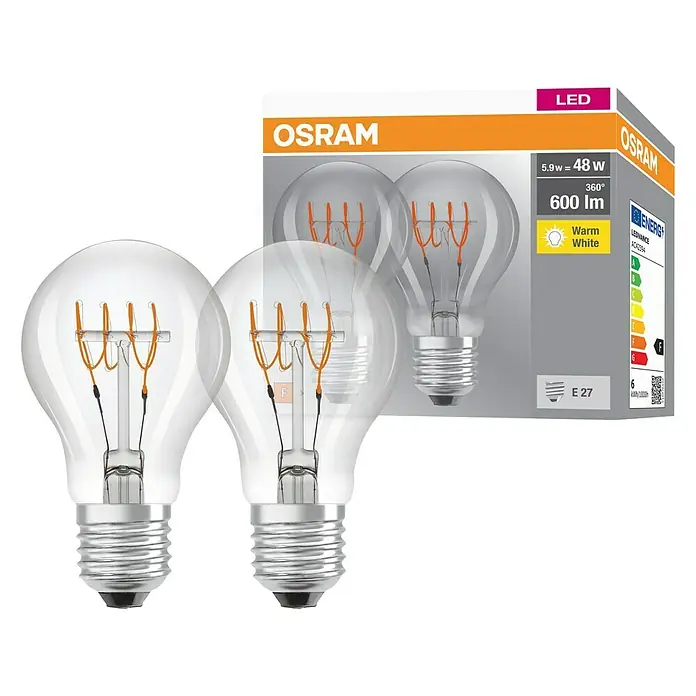 Osram LED-Lampen Set Glühlampenform E27 klar - E27, Nicht Dimmbar, Warmweiß, 600 lm, 5,9 W, Farbe: Klar - LED-Filamentlampe von Osram mit 5,9W Leistung und E27 Sockel. Ideal für stimmungsvolle Beleuchtung im warmweißen Licht.