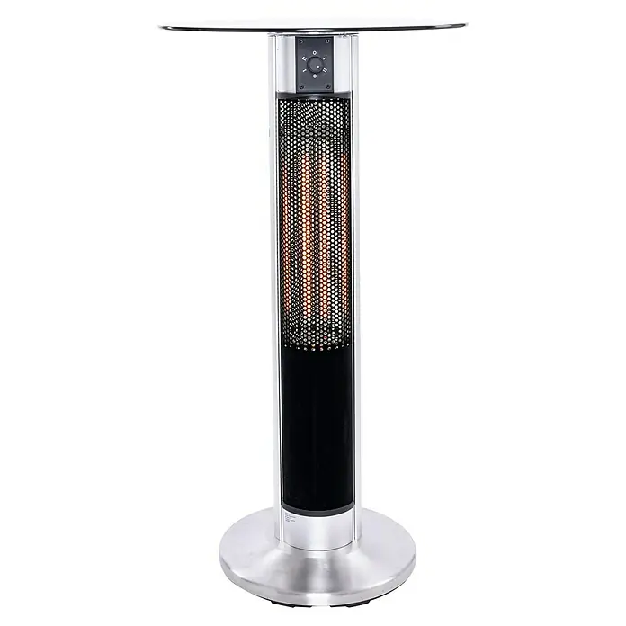 Voltomat HEATING Infrarot-Heizstrahler - 60 x 60 x 110 cm, 1.600 W, Silber/Schwarz - Ein schlanker, silberner Terrassenheizer mit Tischplatte, der Wärme und Funktionalität für den Außenbereich bietet.