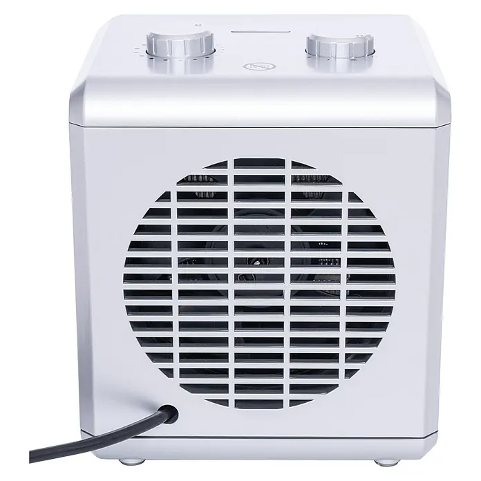 Voltomat HEATING Heizlüfter Cube - 750 kW - 1.500 W, Schwarz/Silber, 18 x 16,5 x 21 cm - Ein silberfarbener Heizlüfter mit runder Gitterfront und zwei Drehknöpfen oben. Praktisch und effizient für die Raumheizung.