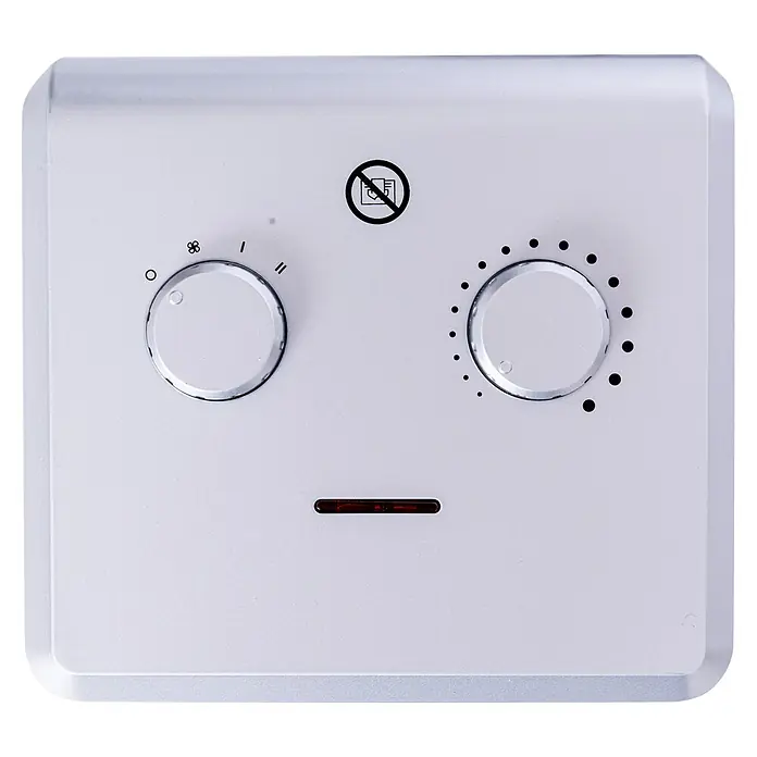 Voltomat HEATING Heizlüfter Cube - 750 kW - 1.500 W, Schwarz/Silber, 18 x 16,5 x 21 cm - Bedienfeld eines Heizgeräts mit zwei Drehknöpfen und einer roten Kontrollleuchte.