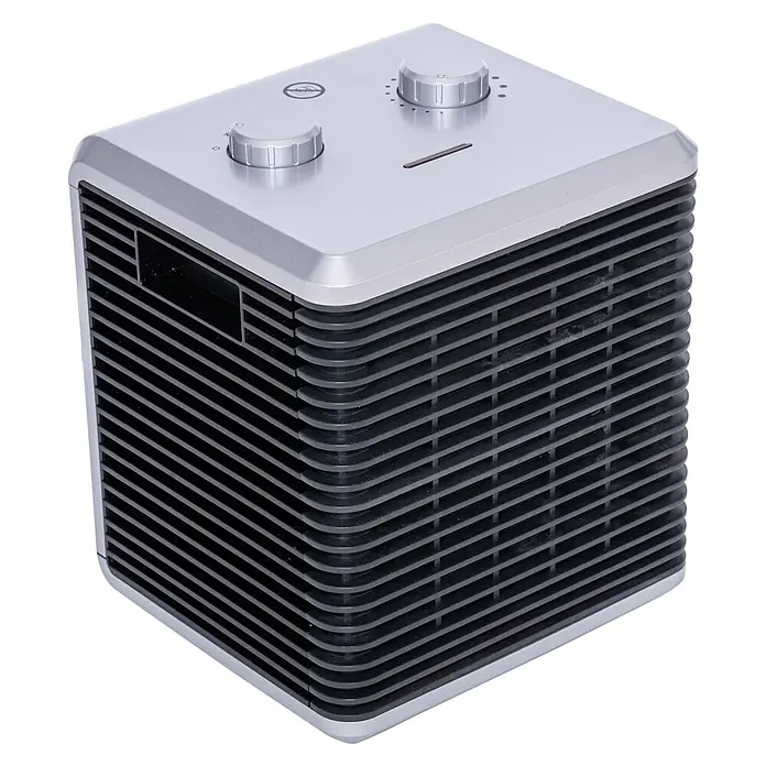 Voltomat HEATING Heizlüfter Cube - 750 kW - 1.500 W, Schwarz/Silber, 18 x 16,5 x 21 cm - Abbildung eines silbernen, quadratischen Heizlüfters mit zwei Drehknöpfen zur Steuerung. Die Front besteht aus horizontalen Lamellen.