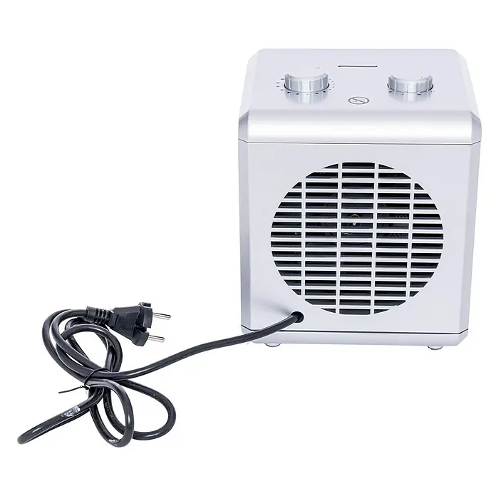 Voltomat HEATING Heizlüfter Cube - 750 kW - 1.500 W, Schwarz/Silber, 18 x 16,5 x 21 cm - Ein tragbarer, silberfarbener Heizlüfter mit einem Stromkabel und zwei Drehknöpfen oben drauf.