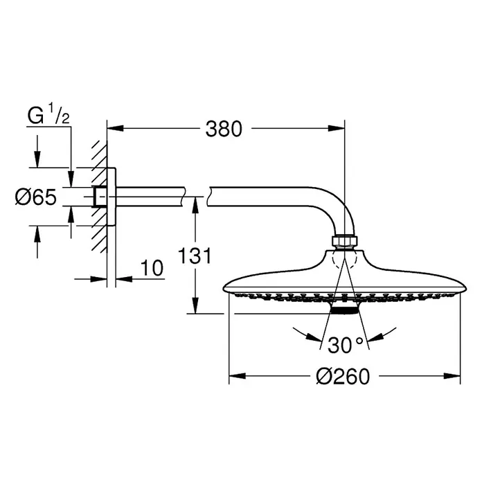 Grohe Euphoria 260 Kopfbrausen-Set - Durchmesser: 26 cm, 17 l/min, Wandmontage, Chrom - Technische Zeichnung des GROHE Duschkopfes mit Maßen und Details wie Durchmesser und Winkel.